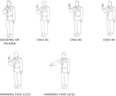 6 фигур судьи: GOUDING OR TALKING (так в оригинале — вероятно опечатка вместо «GOADING»), CHUI №1, CHUI №2, CHUI №3, HANSOKU CHUI (1/2, 2/2)
